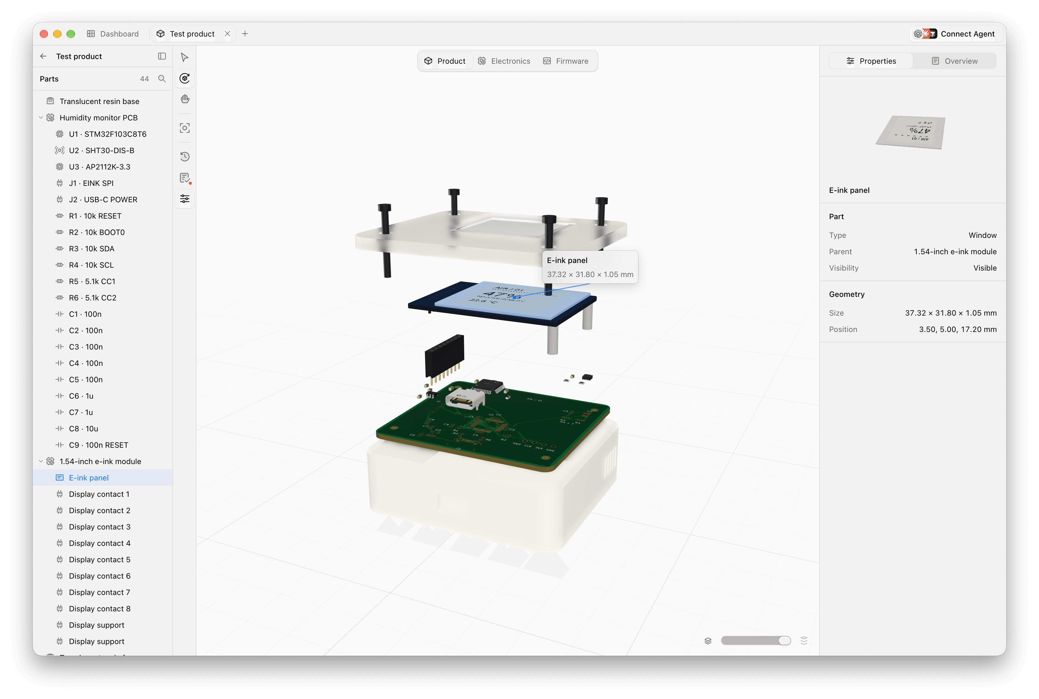 Fabrikate desktop workbench showing the electronics, enclosure and display of an exploded hardware assembly.